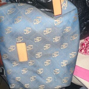 Dooney & Bourke Light Blue Quilted Monogram Shoulder Bag with Tan Accents